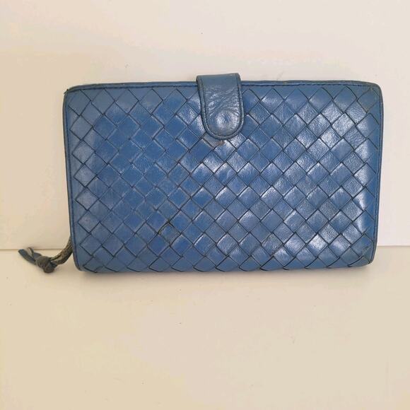 BOTTEGA VENETA Interatiato Woven Leather Bifold Wallet Medium Blue Unisex Soft - Picture 1 of 15